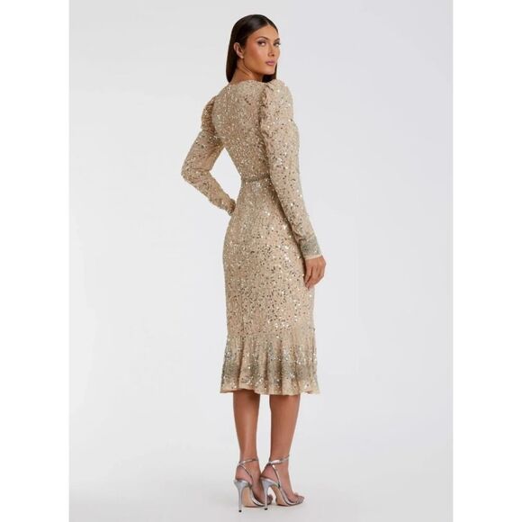Mac Duggal Beige Sequin Dress with Embellished Hemline and Belt - Size 8 - NWT - Picture 2 of 6